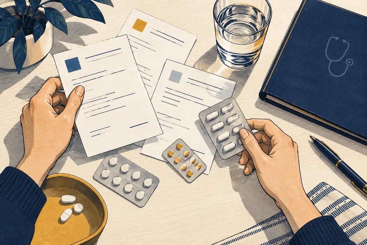 Illustration de mains organisant des ordonnances et des plaquettes de comprimés sur une table.