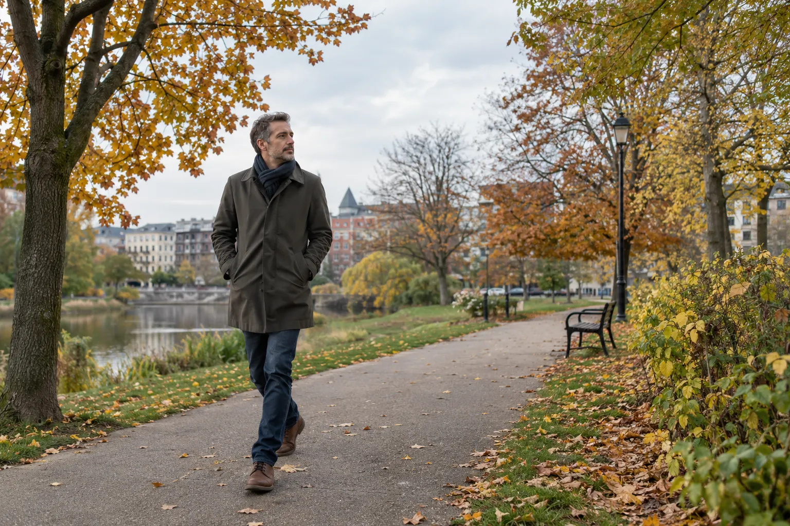 Un adulte marche sur un chemin de parc bordé d’arbres aux couleurs d’automne, en pleine journée.
