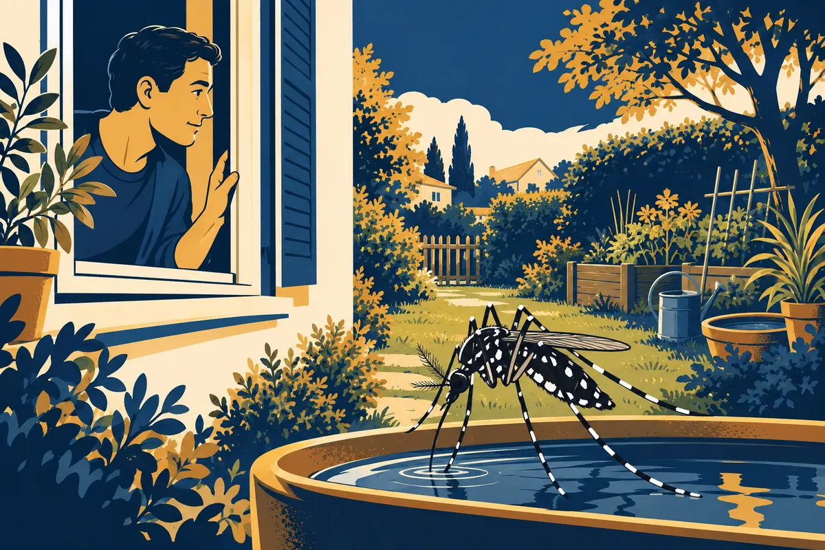 Illustration d’un habitant à sa fenêtre donnant sur un jardin, avec un moustique tigre au premier plan.