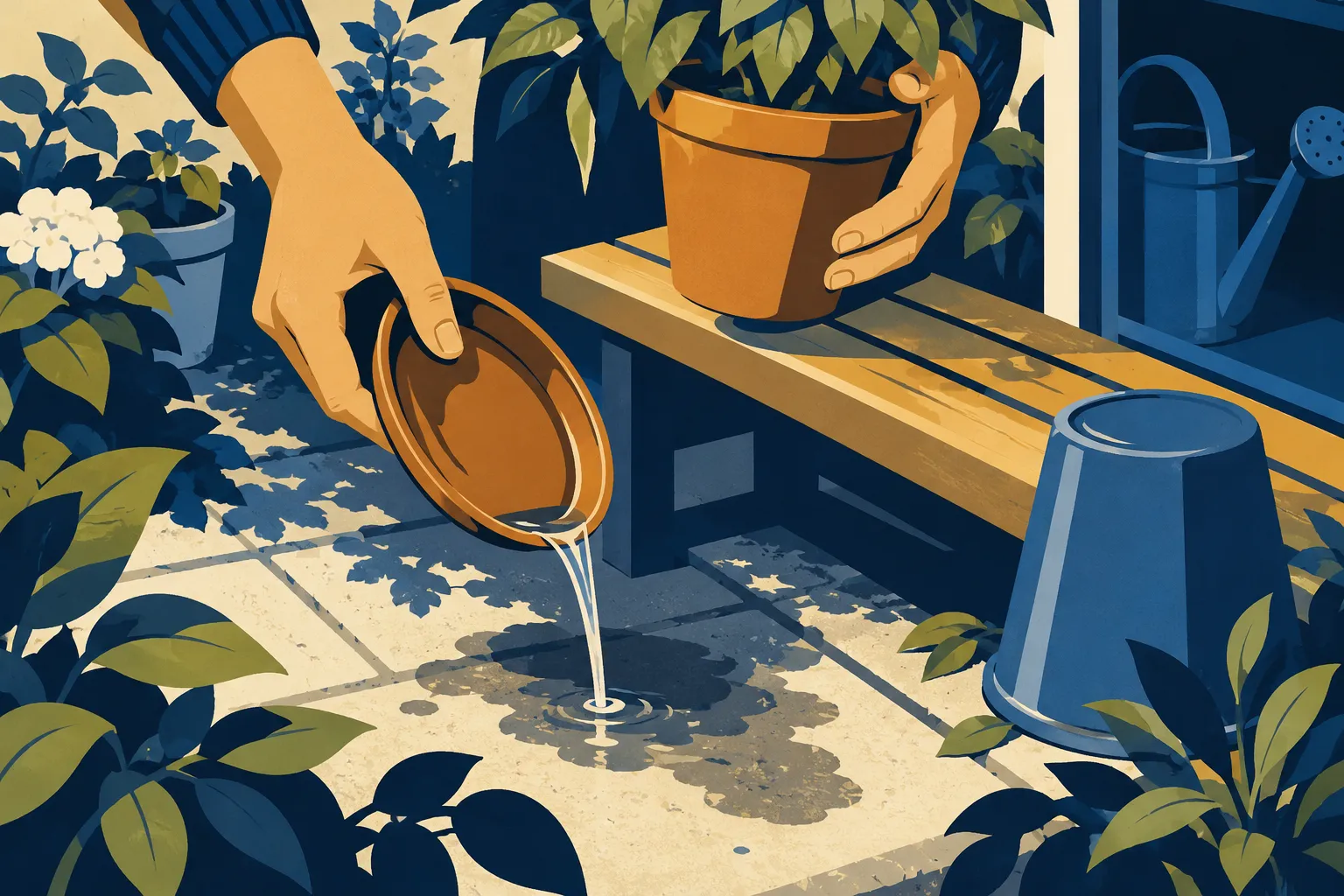 Supprimer les petites réserves d’eau stagnante Illustration de mains vidant une soucoupe de pot de fleurs dans un jardin.