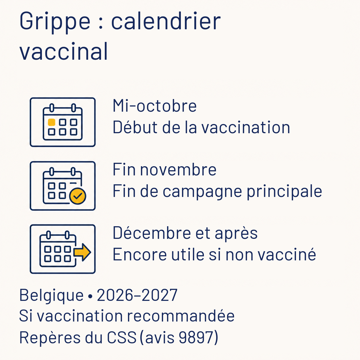 Calendrier belge 2026–2027 : vaccination à partir de mi-octobre, campagne principale jusqu’à fin novembre, encore utile en décembre et après si l’on n’est pas vacciné.