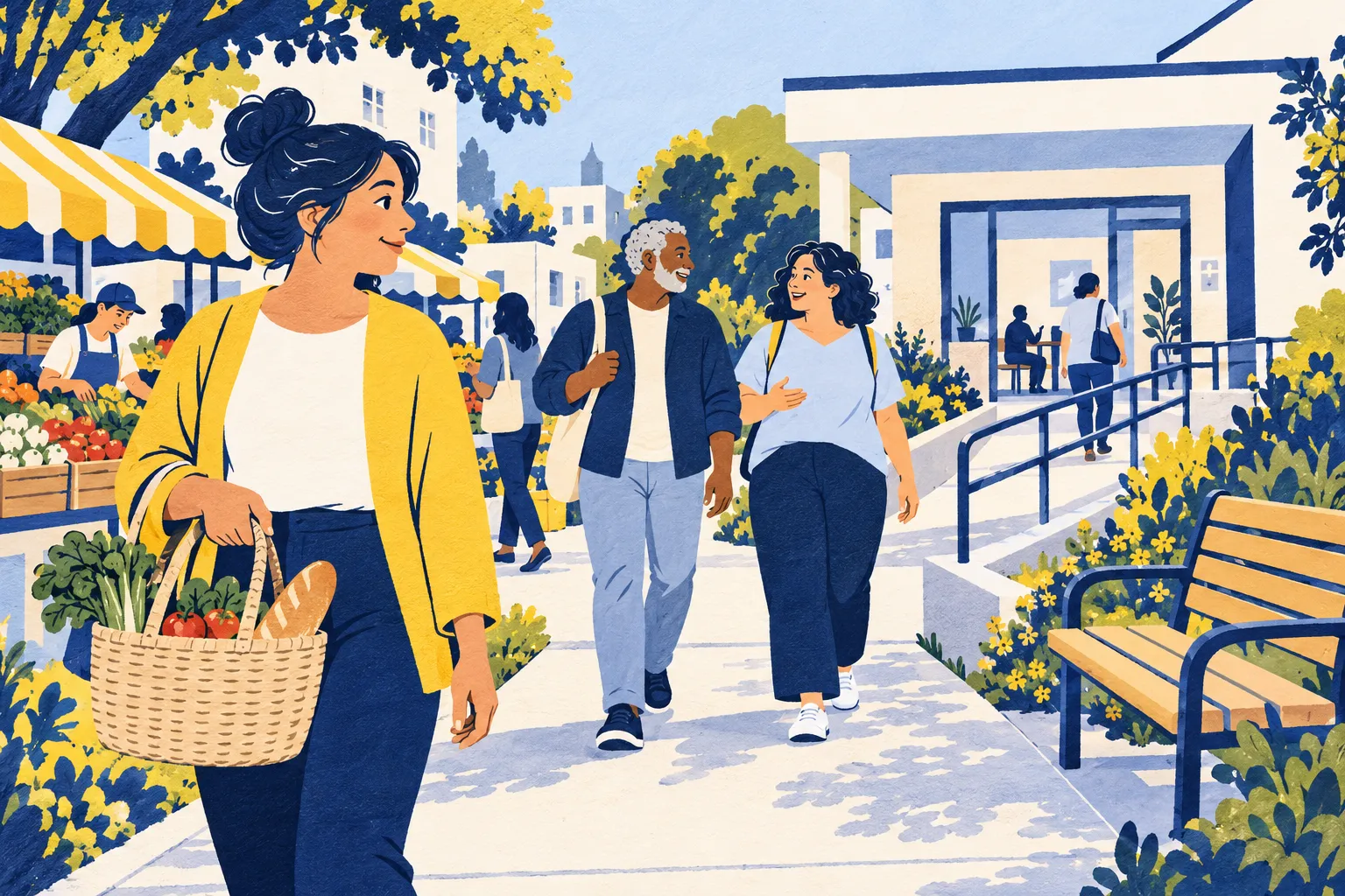 Illustration d’un quartier reliant déplacements à pied, alimentation et accès aux services de santé.