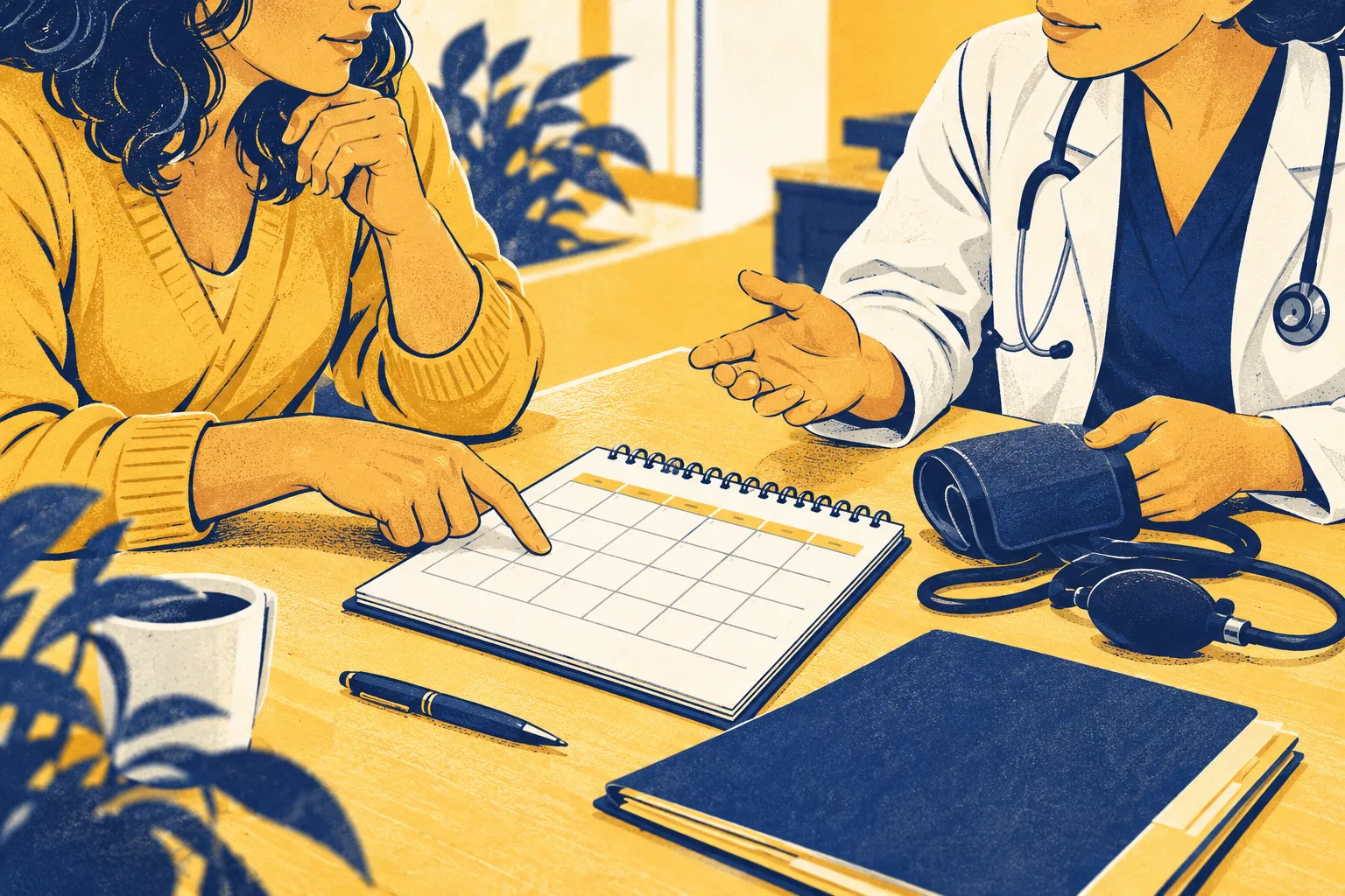 Illustration d’un échange médical autour d’un calendrier de suivi et d’un appareil de mesure de la tension.