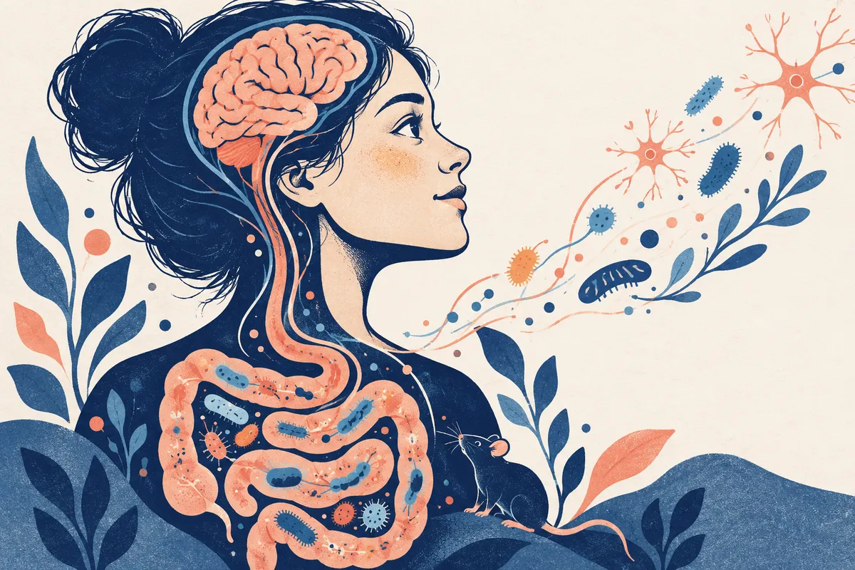 Illustration conceptuelle d’un profil humain associé à l’intestin, au cerveau et à la recherche sur le microbiote.