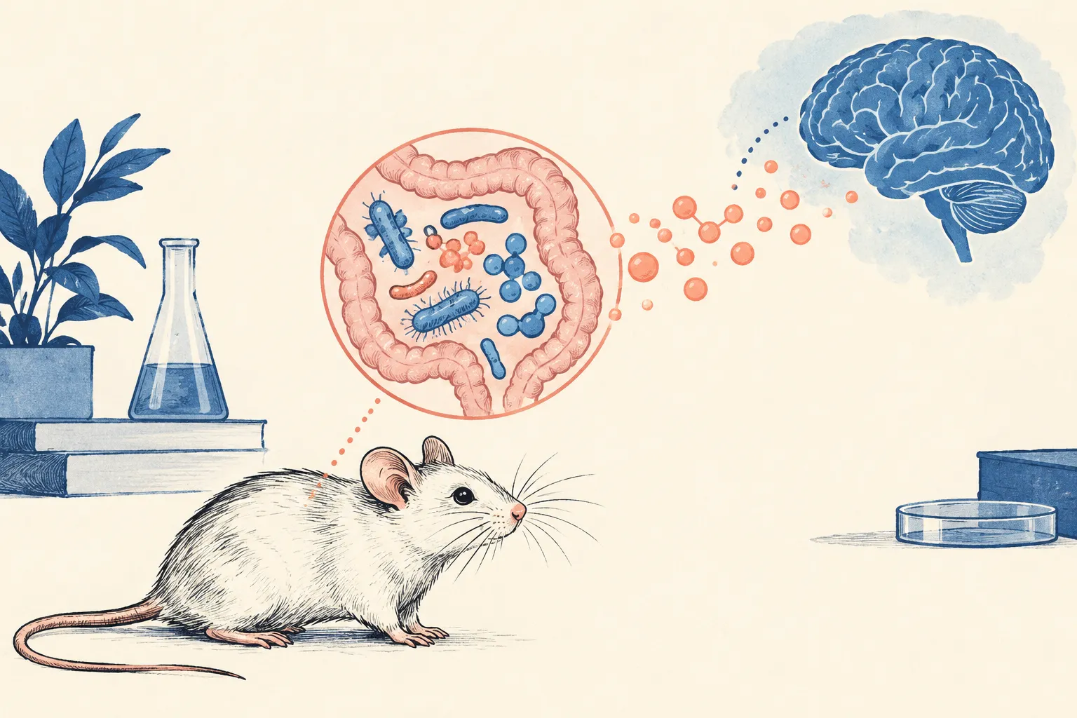 Illustration conceptuelle d’une souris, du microbiote intestinal et des signaux métaboliques étudiés en lien avec le cerveau.