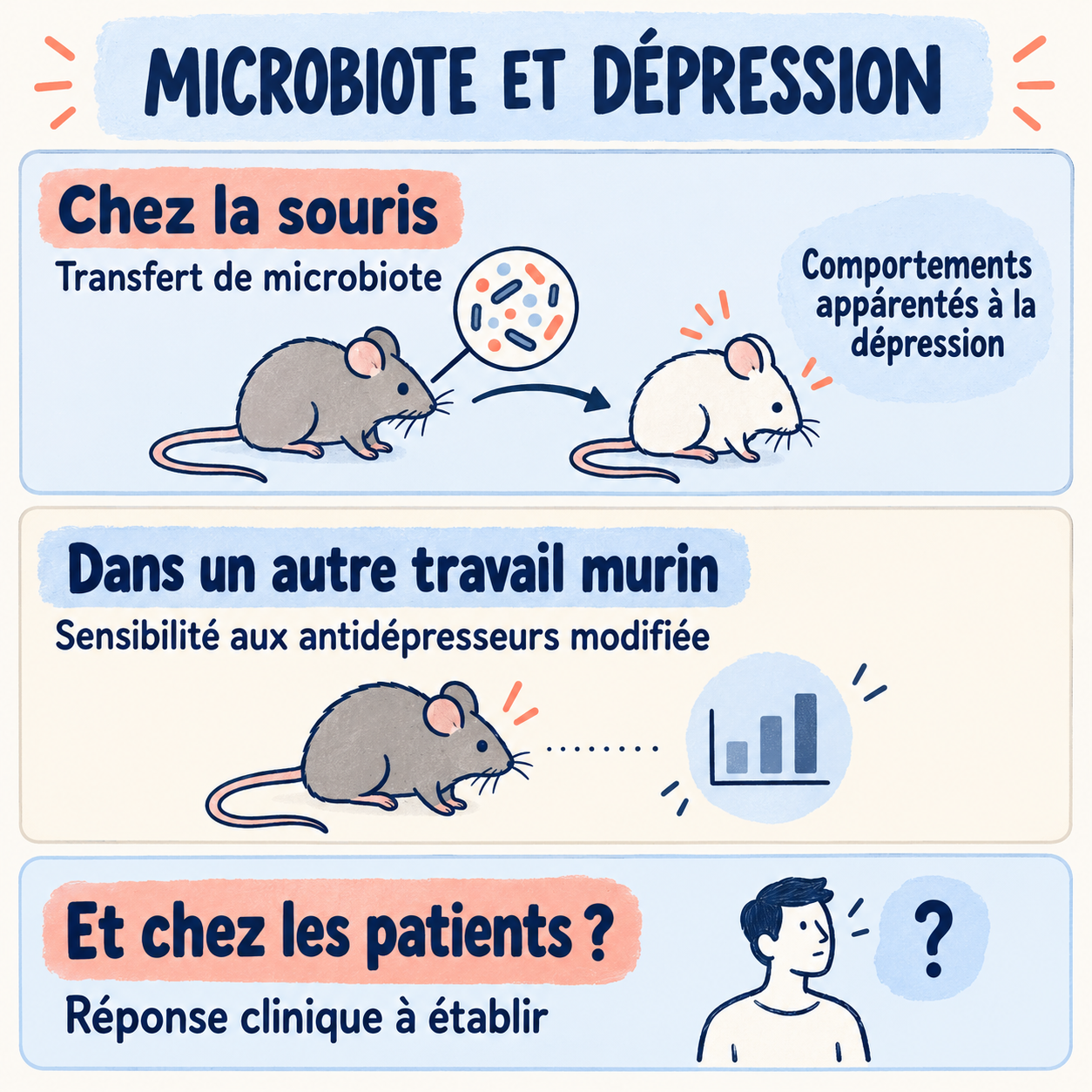 Schéma distinguant les résultats expérimentaux chez la souris et la réponse clinique encore à établir chez les patients.