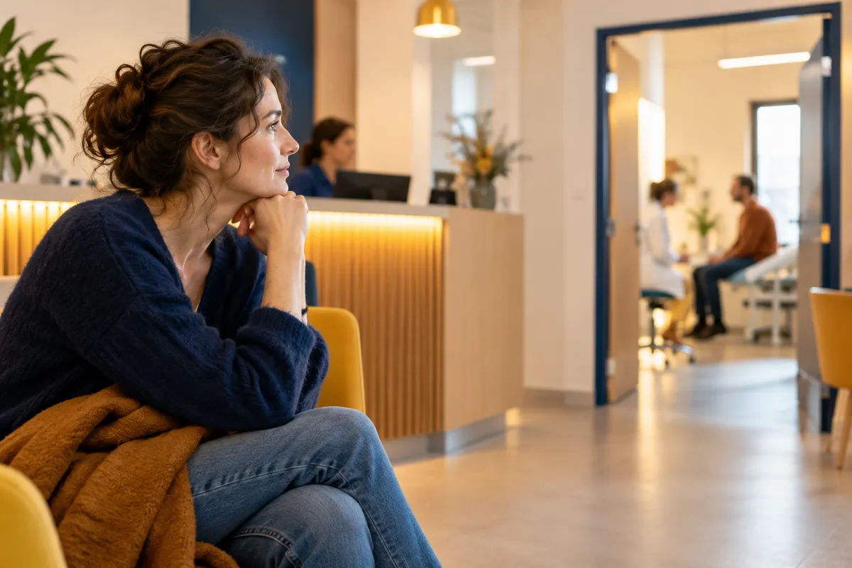 Illustration d’un adulte dans une salle d’attente, le regard tourné vers une porte de consultation.