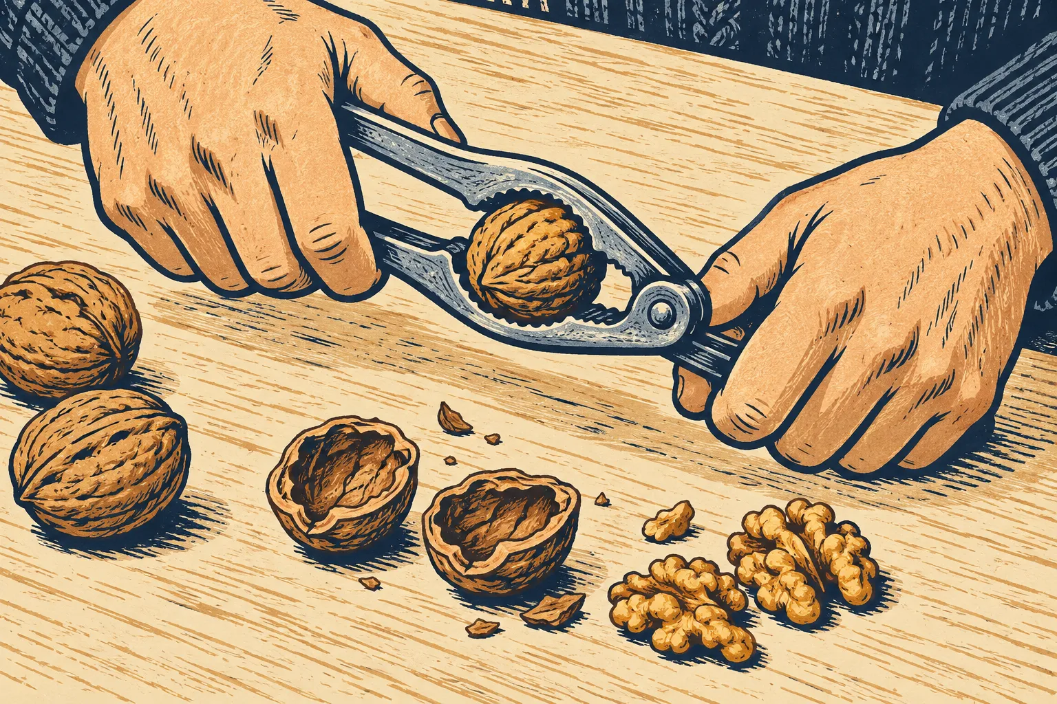 Illustration d’un casse-noix, de mains et de noix ouvertes sur une table.