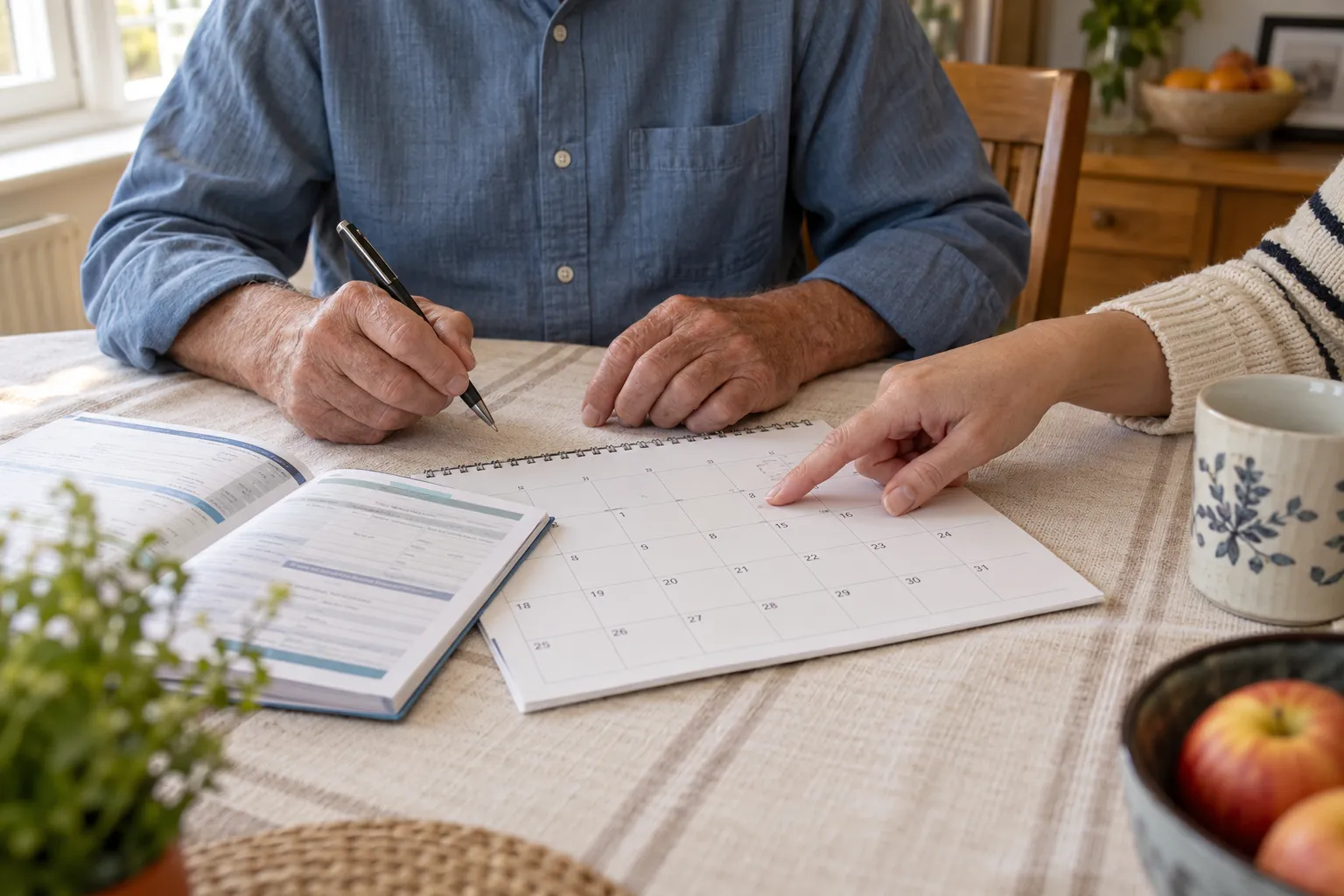 Des mains préparent un rendez-vous sur un calendrier, à côté d’un carnet de santé.