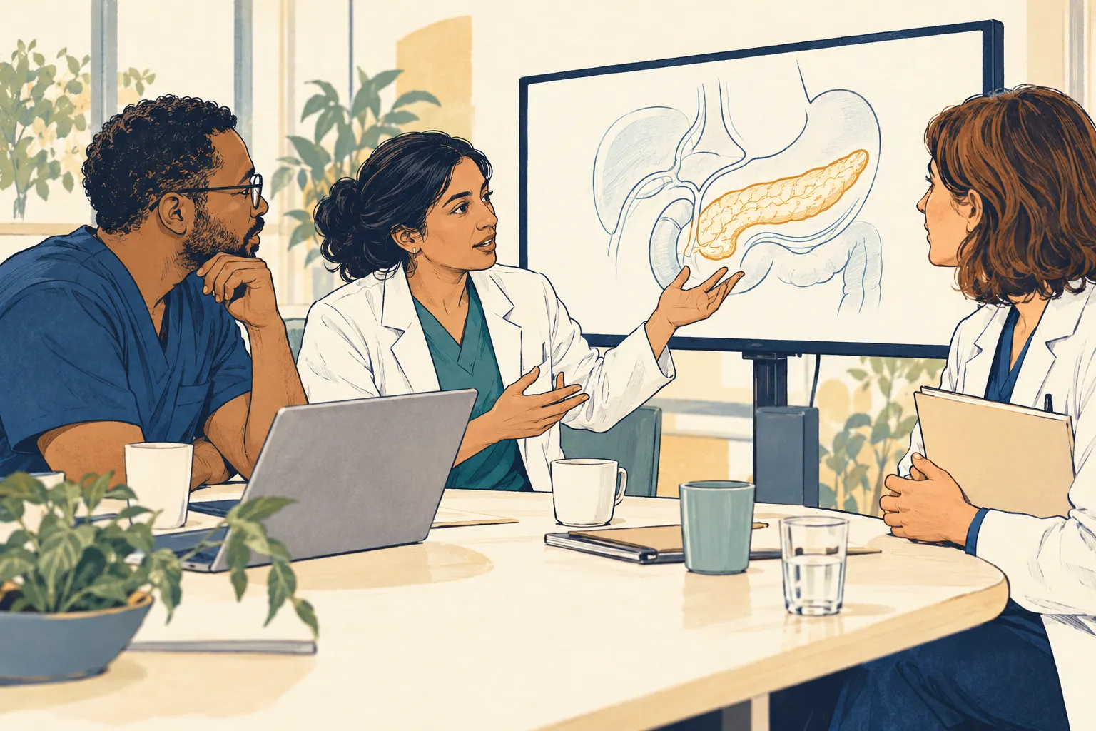 Illustration d’une discussion entre professionnels de santé autour d’un dossier et d’un schéma pédagogique.