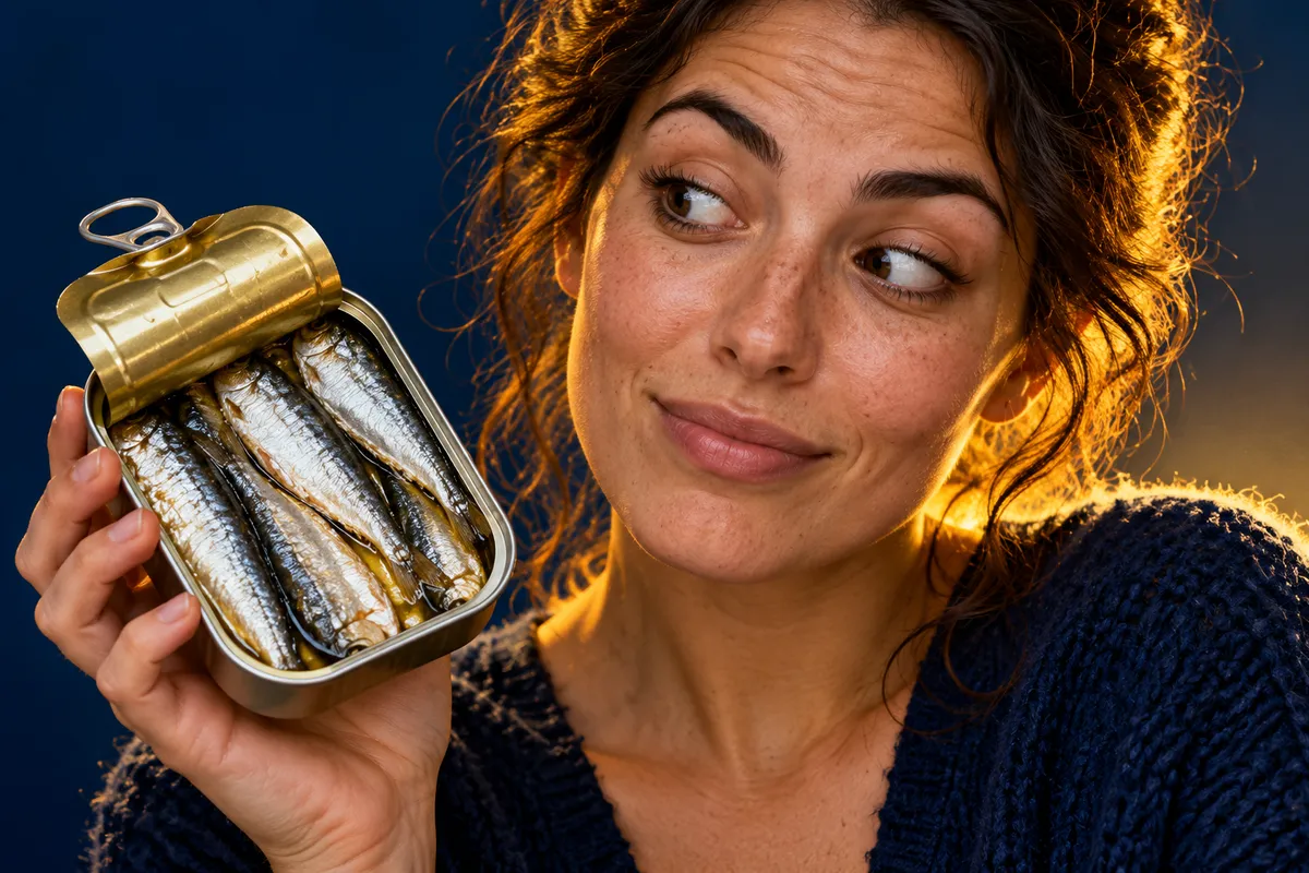 Une jeune femme tient une boîte de sardines et s’interroge sur la tendance beauté.