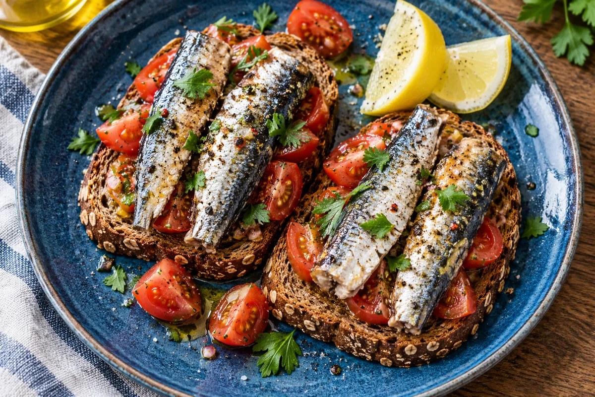 Tartines de sardines accompagnées de tomates et de citron.