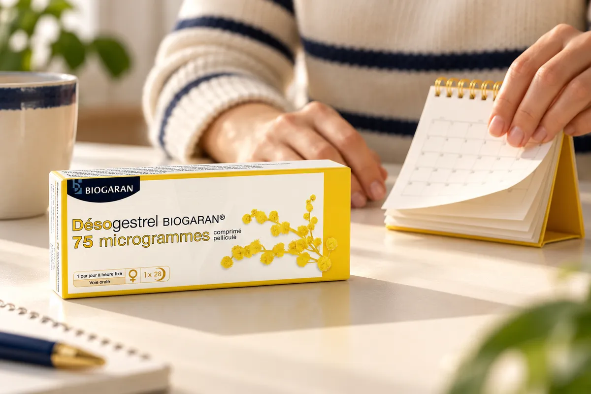 Boîte de contraception sur un bureau, au premier plan de mains posées près d’un calendrier.