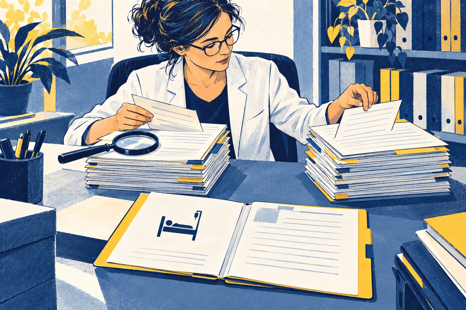 Illustration d’une analyse de dossiers de santé, avec un dossier hospitalier distinct au premier plan.