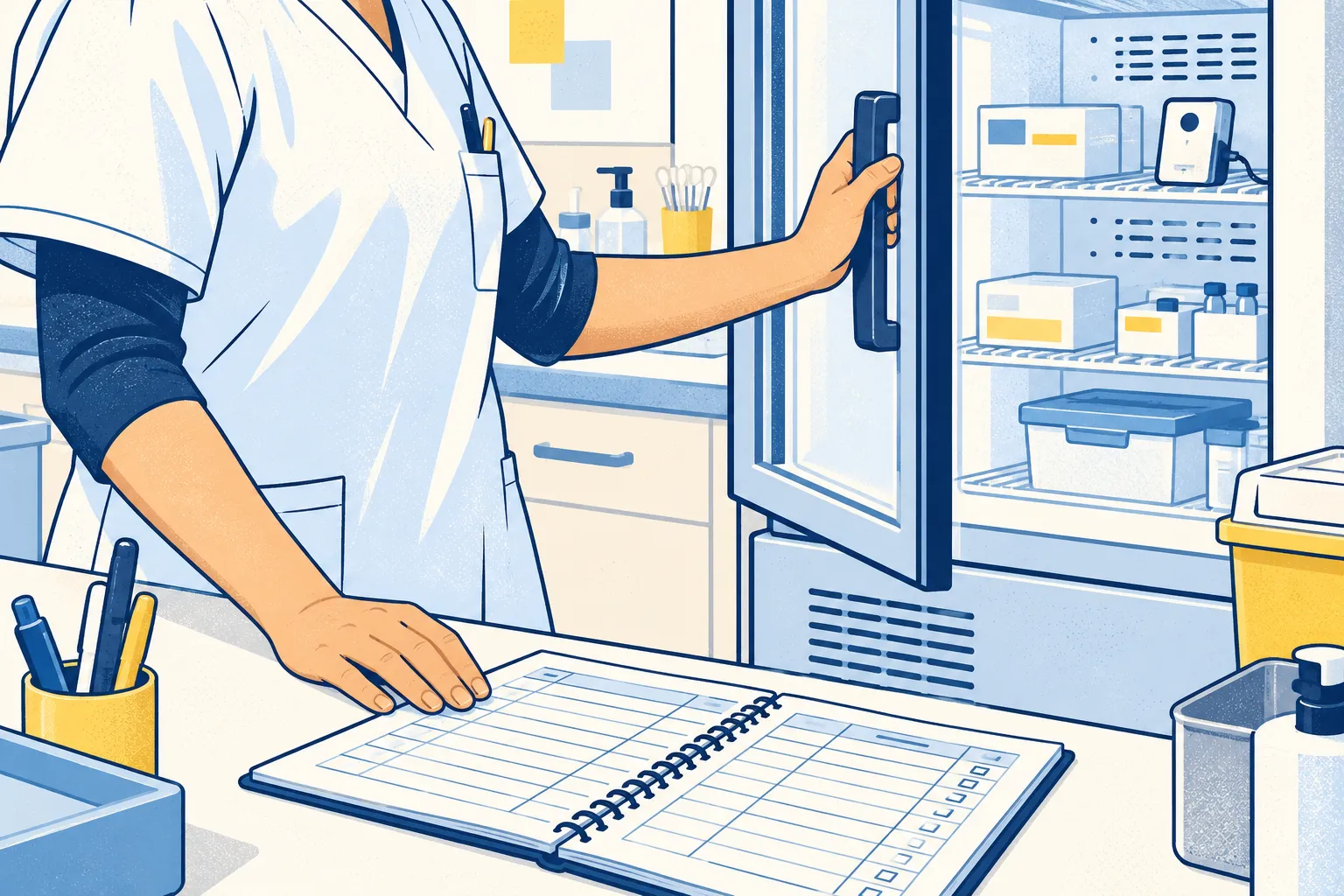 Illustration du stockage des vaccins au cabinet et du suivi de leur conservation.