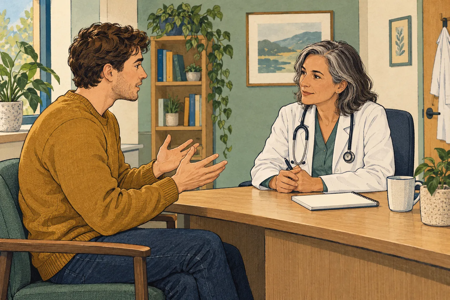 Dessin d’un jeune homme et d’un médecin en conversation dans un cabinet anonyme.