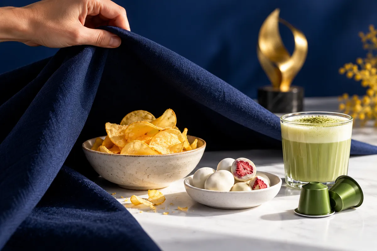 Une main découvre des chips, des bouchées enrobées et des capsules de boisson sur une table, avec un trophée abstrait à l’arrière-plan.