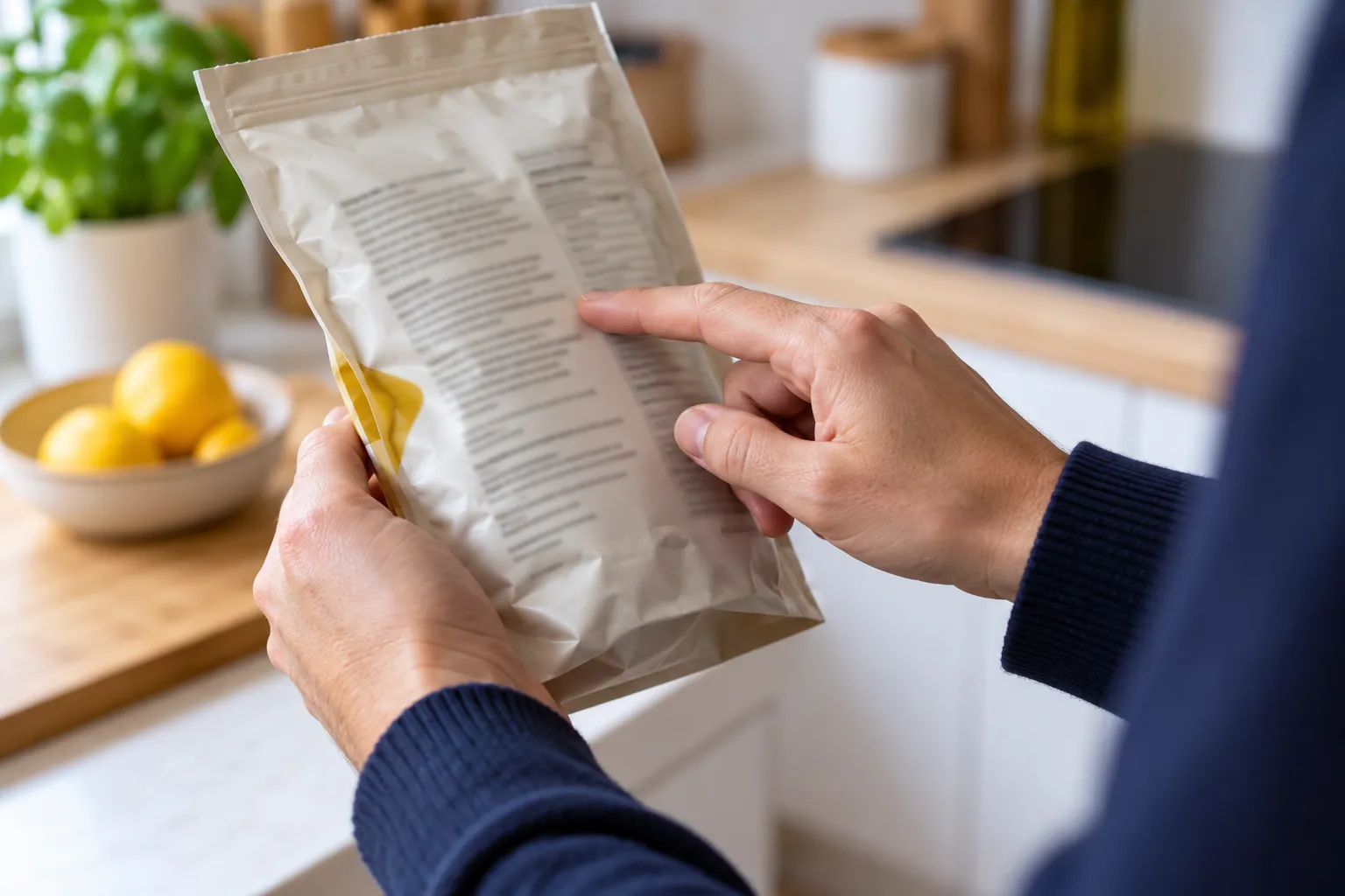 Lecture de la zone d’étiquetage au dos d’un emballage alimentaire générique.