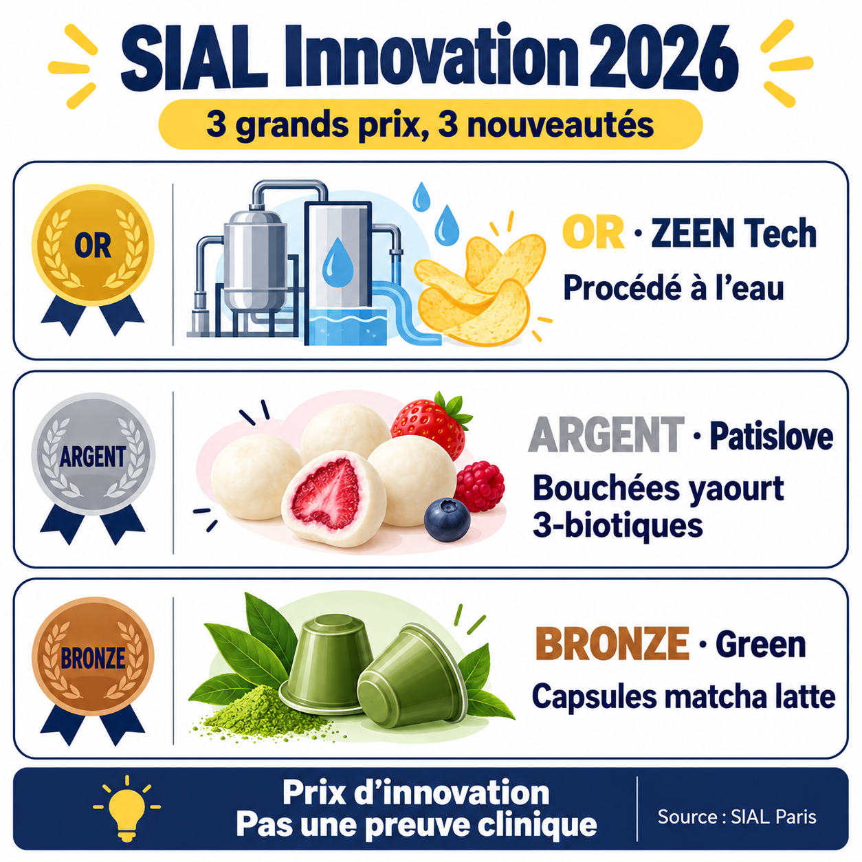 SIAL Innovation 2026 : or ZEEN Tech pour le procédé à l’eau, argent Patislove pour les bouchées yaourt 3-biotiques, bronze Green pour les capsules matcha latte. Un prix d’innovation n’est pas une preuve clinique.