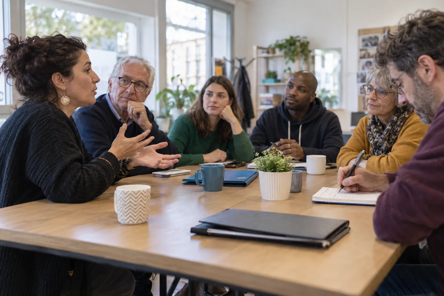 Scène de discussion en petit groupe autour d’une table.