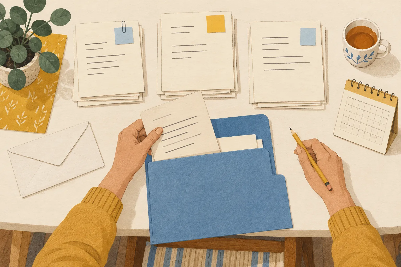 Illustration de mains qui classent des feuilles génériques dans un dossier, avec une enveloppe et un calendrier sans données personnelles.