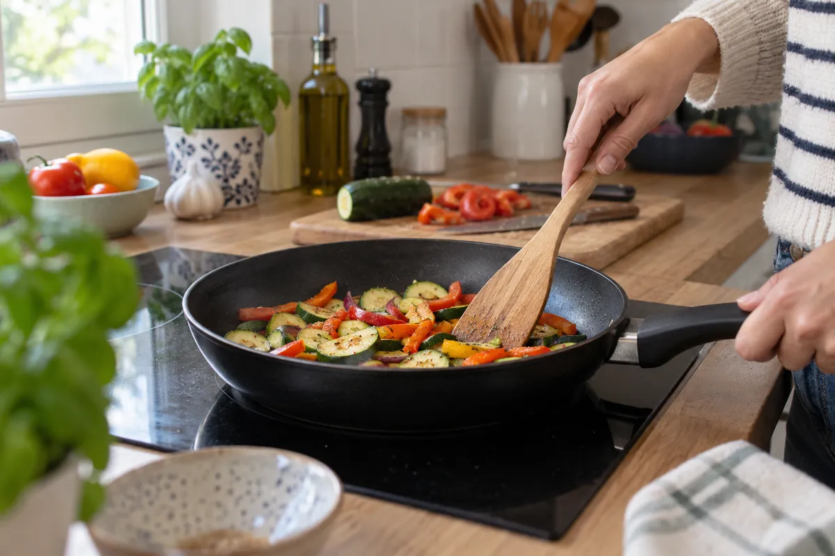 Une poêle antiadhésive avec des légumes en cours de cuisson et une spatule en bois.