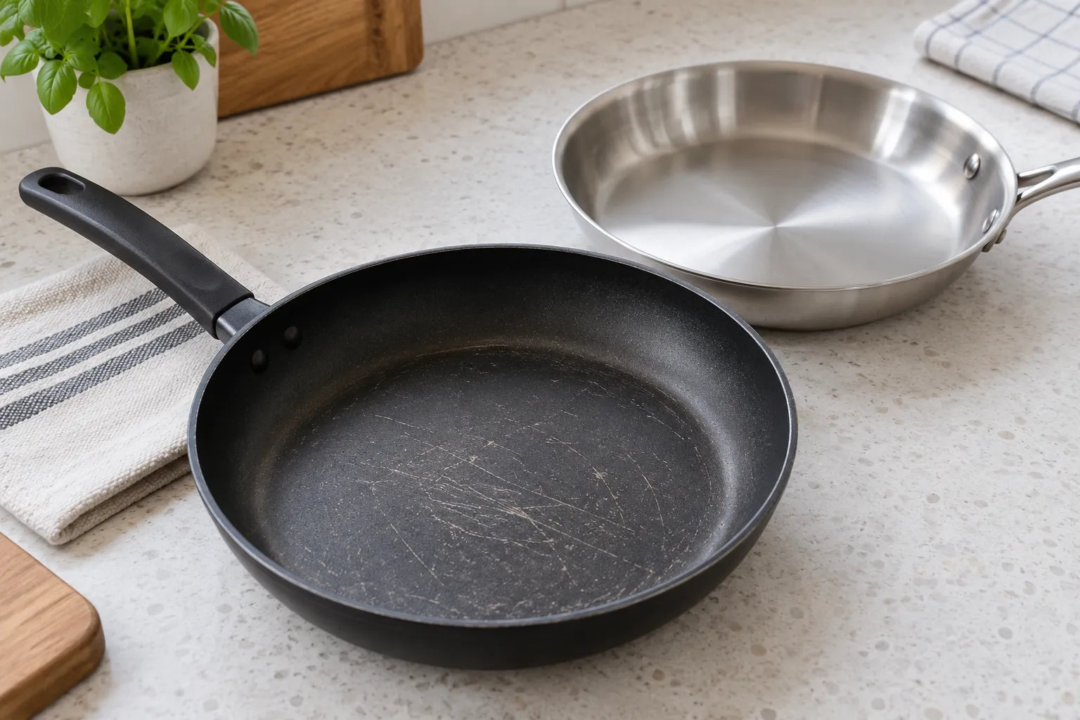Une poêle antiadhésive usagée posée à côté d’une poêle en inox non revêtu.