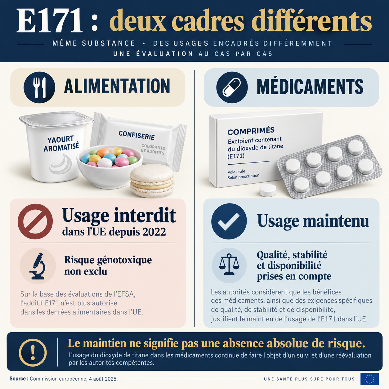 Deux cadres pour le E171 : usage alimentaire interdit dans l’Union européenne, usage pharmaceutique maintenu avec un arbitrage distinct.