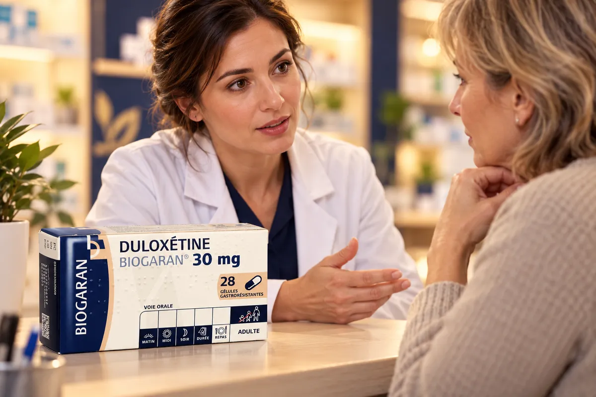 Boîte de duloxétine dans une scène d’échange au comptoir d’une pharmacie.