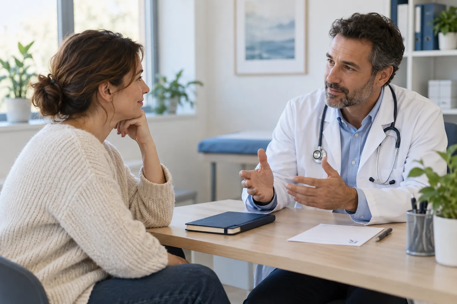 Une patiente et un médecin échangent au cours d’une consultation.