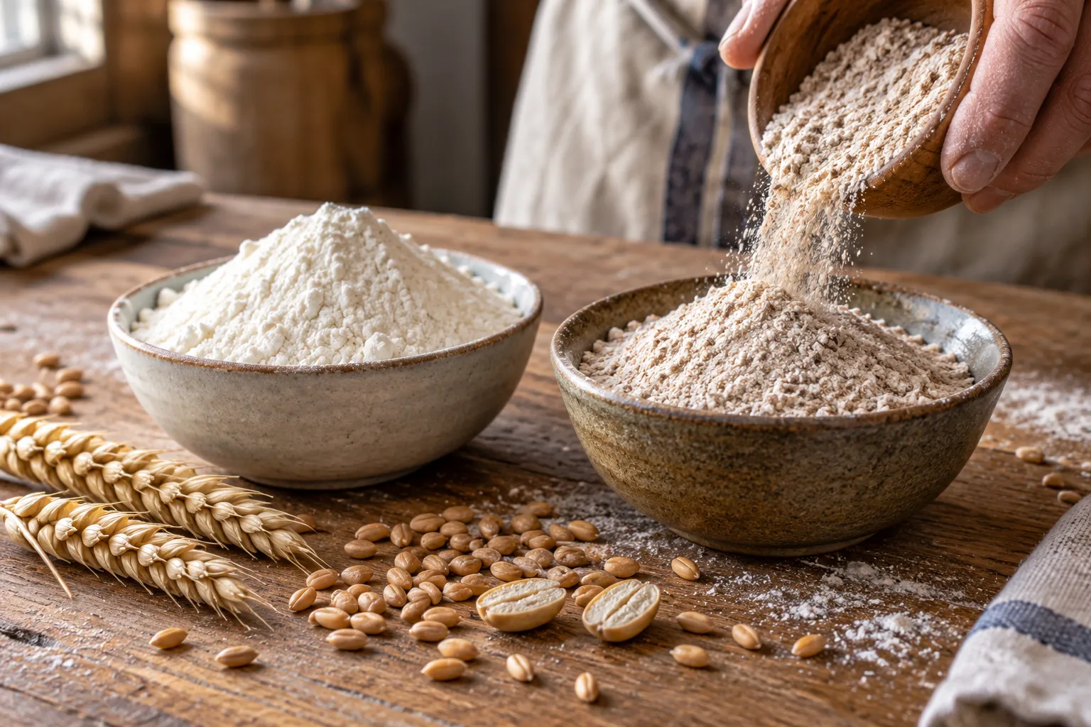 Grains de blé et farines présentés sur un plan de travail.