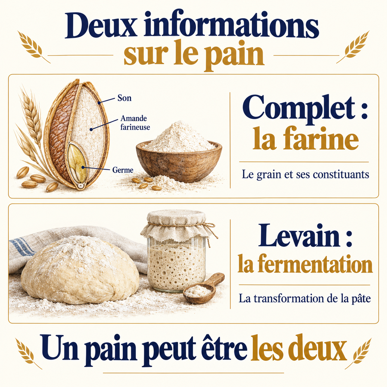 Complet décrit la farine et levain la fermentation : un pain peut réunir les deux.