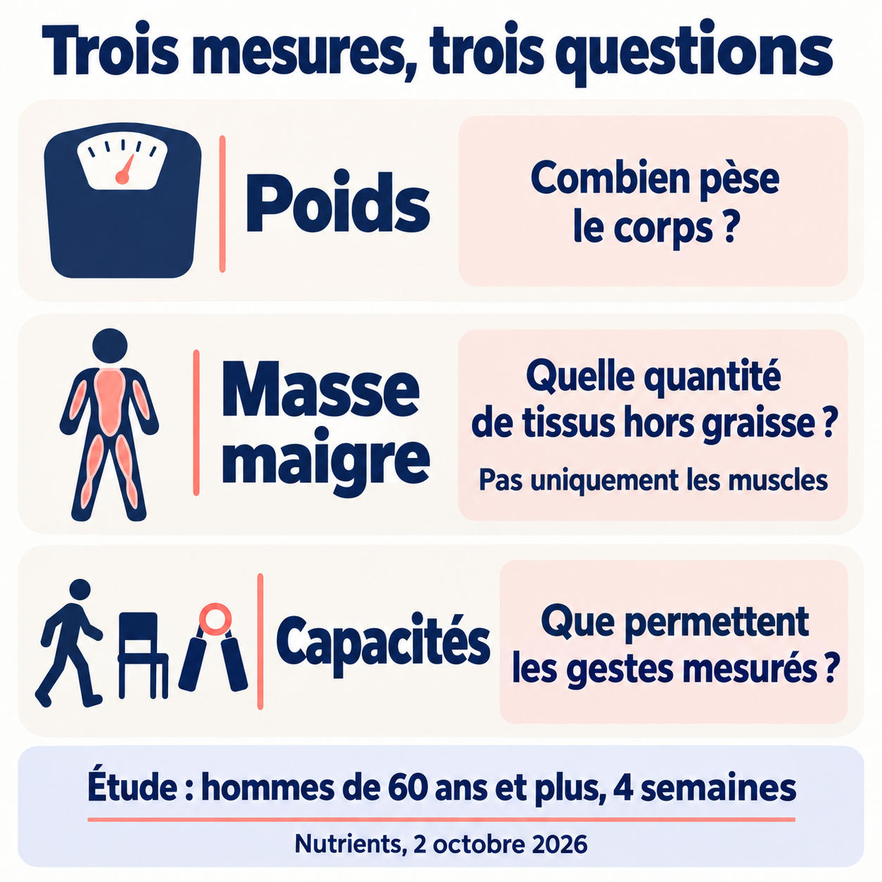 Trois questions distinctes : poids du corps, quantité de tissus non graisseux et capacités dans les gestes mesurés.