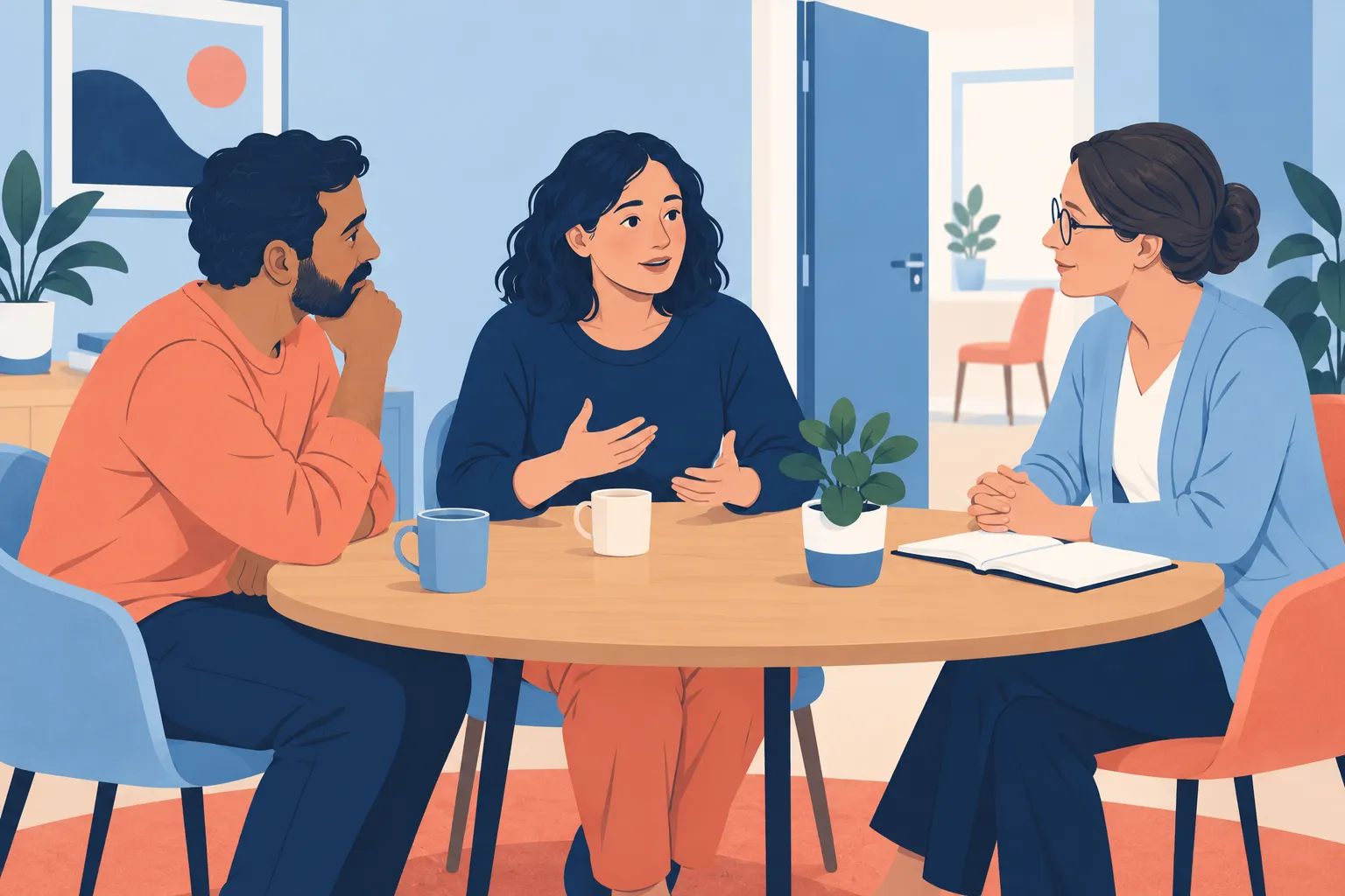 Illustration d’un échange entre une personne, un proche et un professionnel de santé autour d’une table.