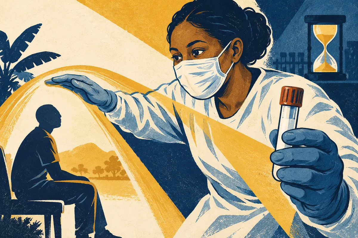 Dessin d’une soignante masquée associant un geste de protection à un tube de prélèvement, pour évoquer soins rapides et analyses en parallèle.