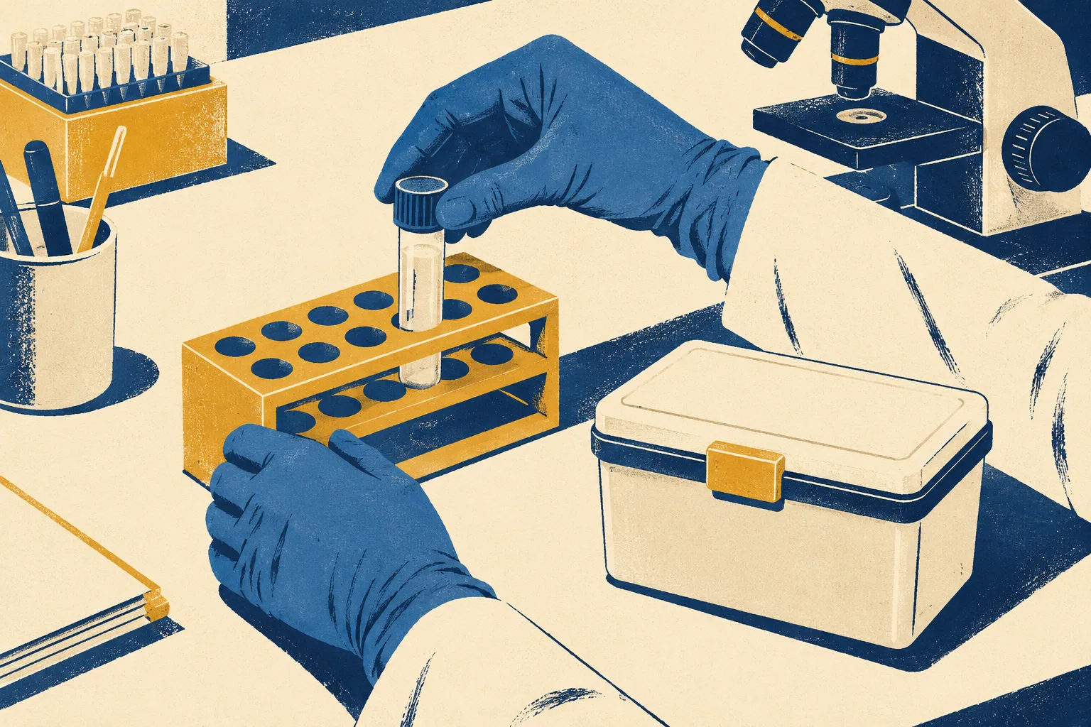 Dessin d’une paillasse de laboratoire avec des mains gantées, un tube fermé, un support de prélèvements et un microscope.