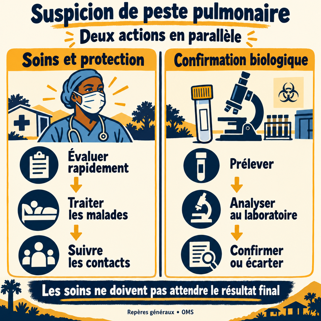 Deux voies parallèles devant une suspicion de peste pulmonaire : évaluer et traiter les malades, suivre les contacts ; prélever et analyser pour confirmer ou écarter le diagnostic. Les soins ne doivent pas attendre le résultat final.