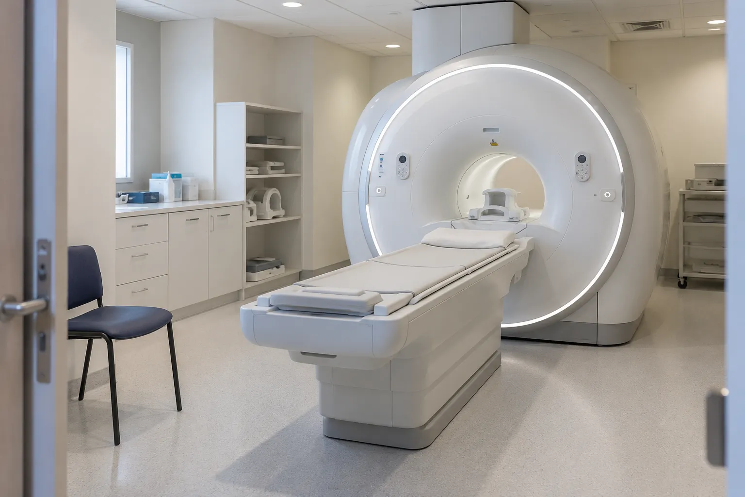 Salle d’imagerie avec un appareil d’IRM et sa table d’examen, sans patient.