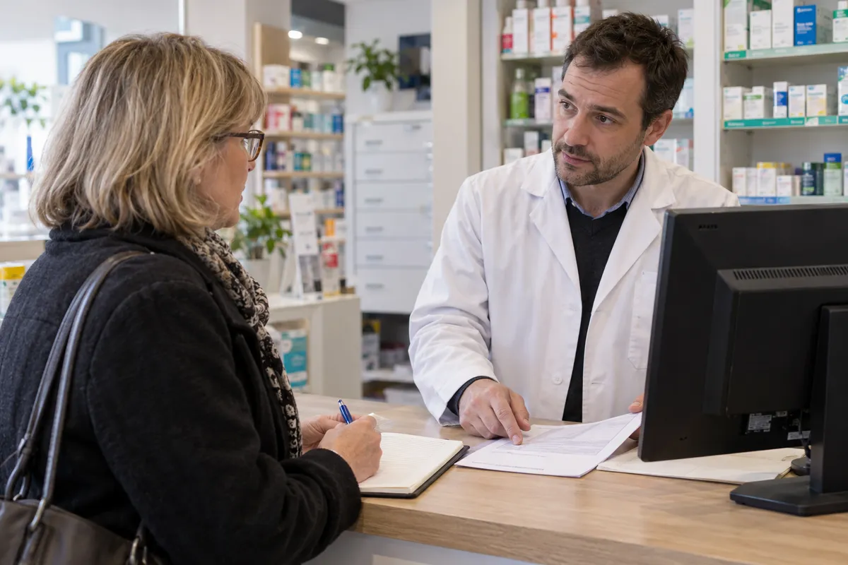 Échange au comptoir d’une pharmacie autour d’une ordonnance et d’un carnet.