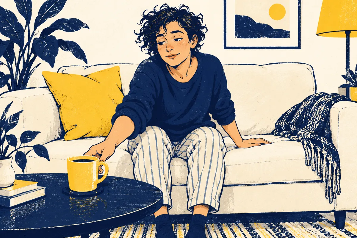 Illustration d’un adulte au bord d’un canapé après une sieste, avec une tasse au premier plan.