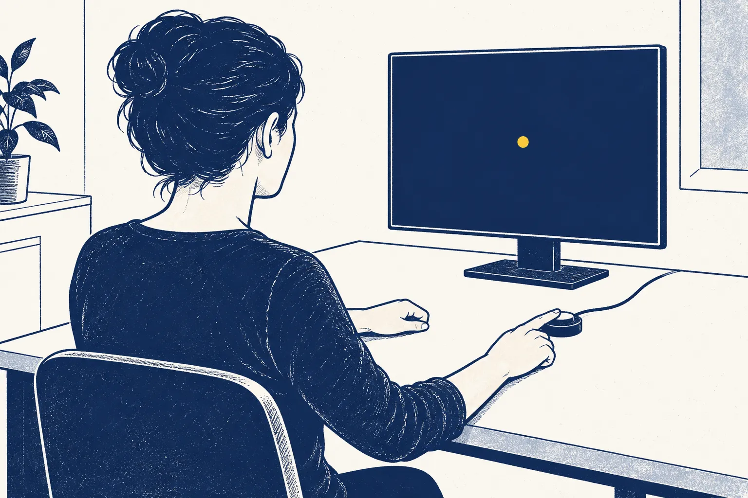Illustration d’une personne devant un écran et un bouton de réponse dans une salle de test.