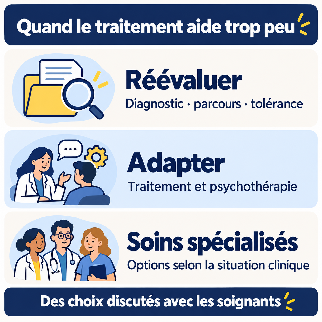 Trois domaines de discussion : réévaluer, adapter et soins spécialisés.