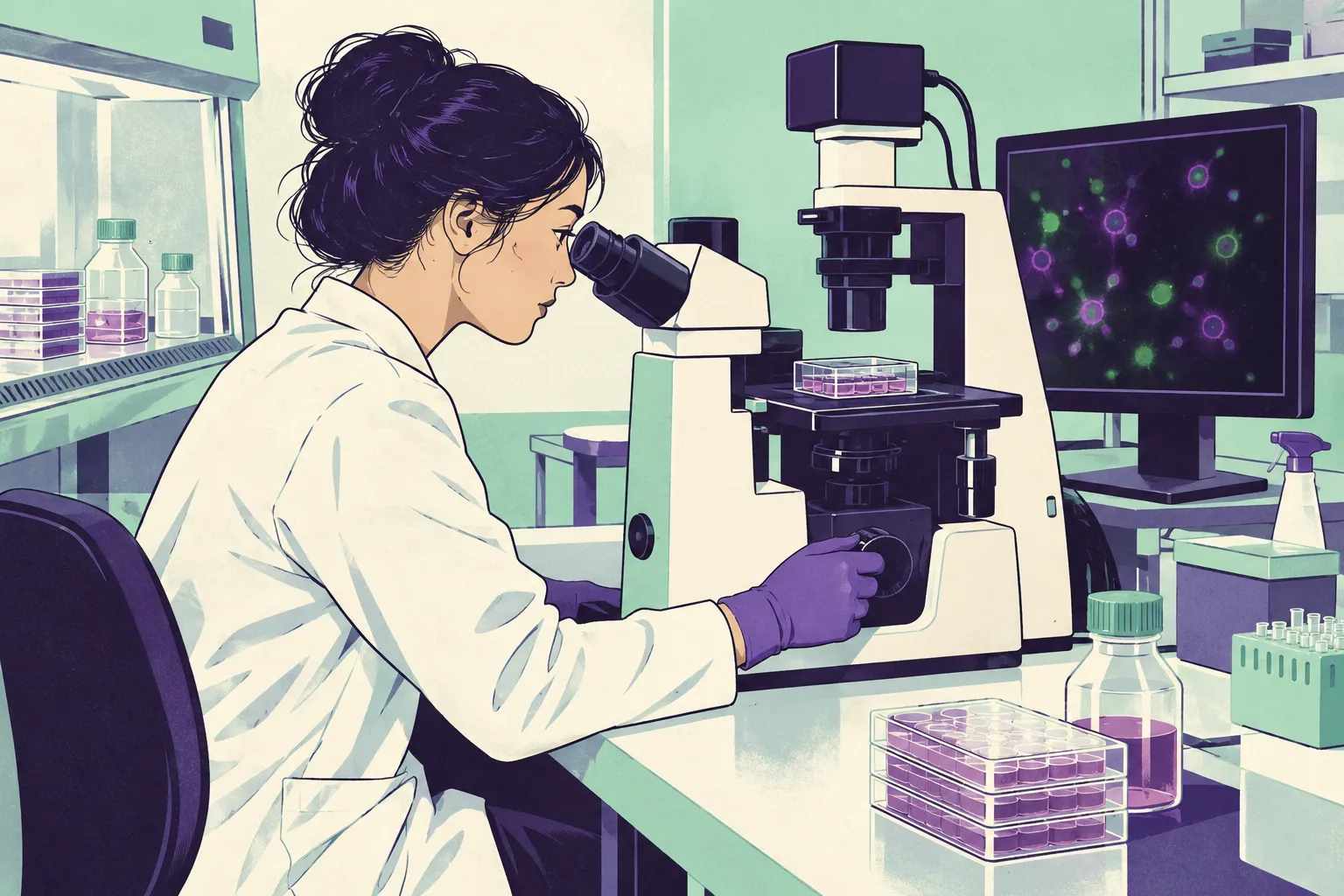 Illustration d’une observation au microscope dans un laboratoire de culture cellulaire.