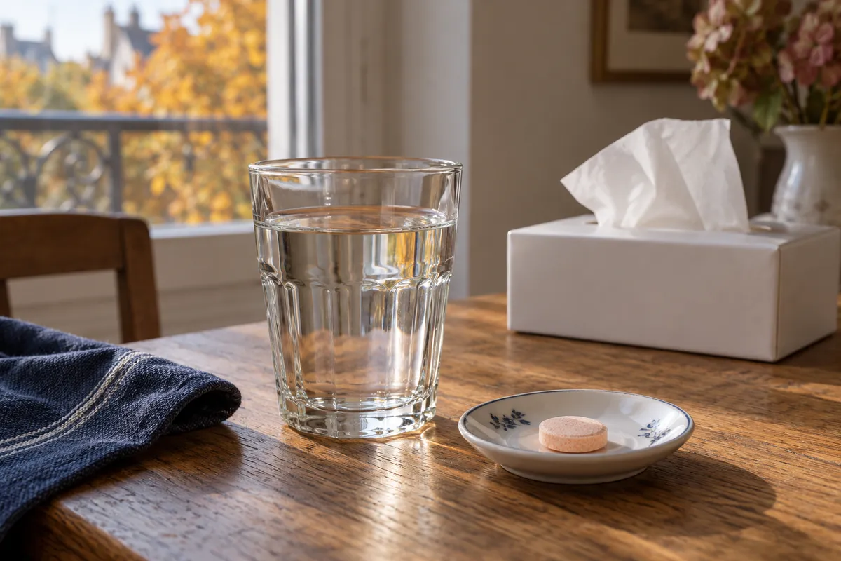 Un verre d’eau et un comprimé sur une soucoupe, avec une boîte de mouchoirs en arrière-plan.