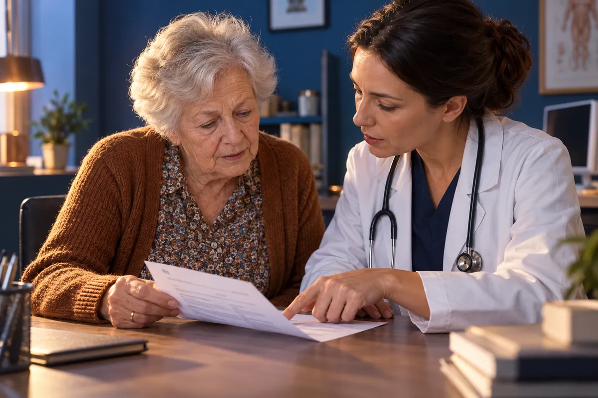 Une patiente âgée et une professionnelle de santé examinent une ordonnance en consultation.