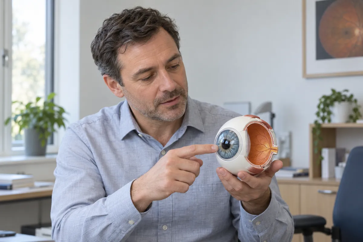 Un homme présente une maquette d’œil ouverte sur le côté et en désigne le pourtour de l’iris avec son index.