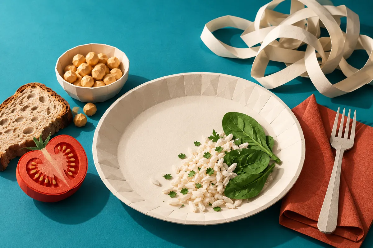 Composition en papier représentant une assiette, des ingrédients et des rubans entrelacés.