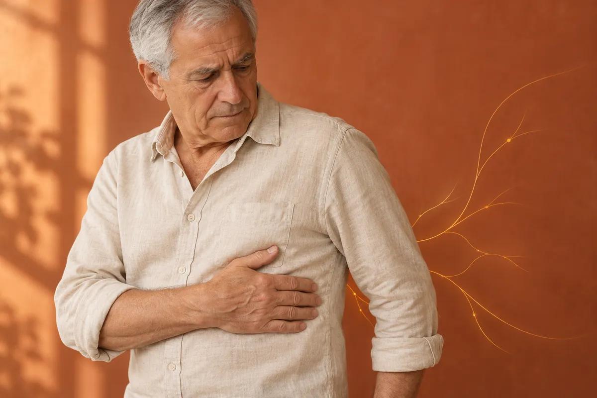 Homme âgé tenant le côté du thorax, sur un fond graphique chaud.