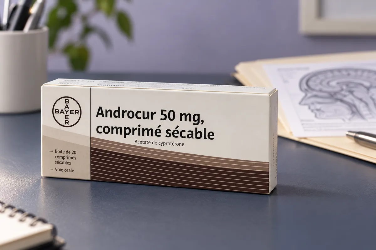 Boîte Androcur 50 mg sur un bureau avec un dossier médical et une illustration anatomique en arrière-plan.