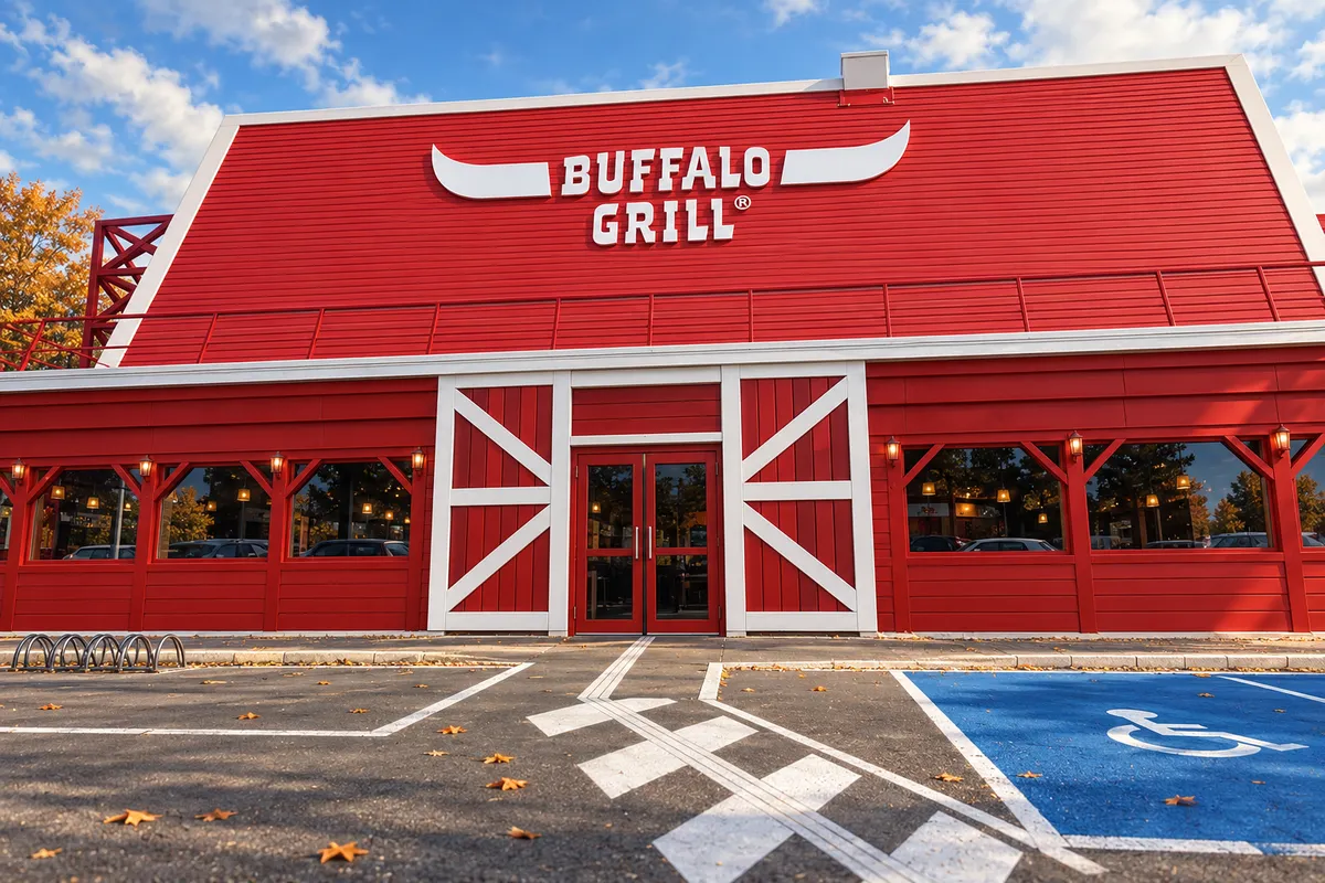 Illustration de la façade du Buffalo Grill de Châteaufarine et de son enseigne, d’après une référence officielle.